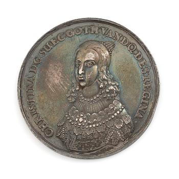193. Minnespening, Kristina utkorad till drottning efter faderns död 1632, av Sebastian Dadler (medaljgravör, 1586-1657).