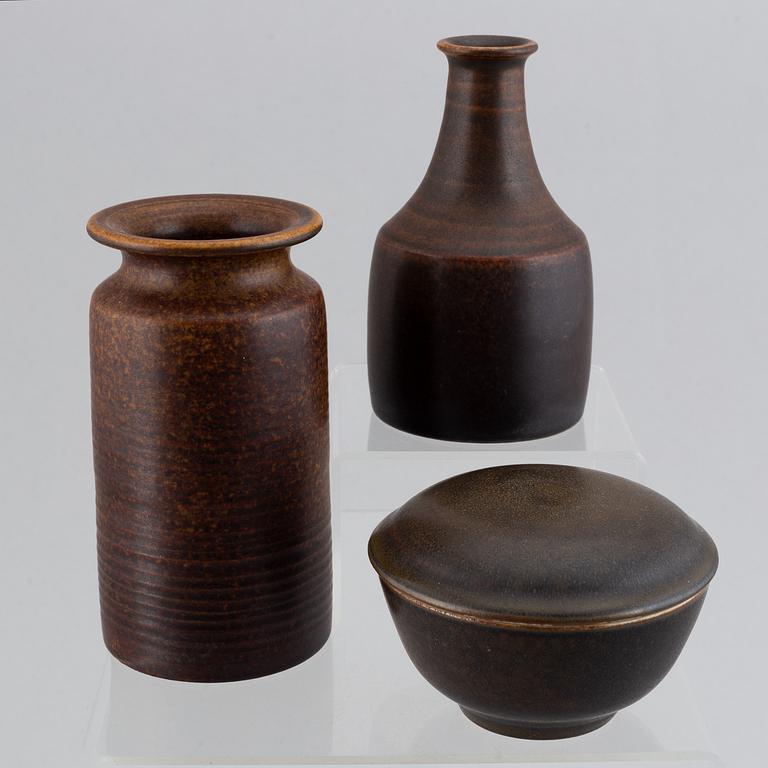 Erich & Ingrid Triller, a glazed stoneware lidded bowl and two vases, Tobo.