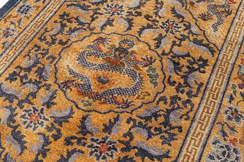 An antique Imperial silk 'Five dragon' palace rug, Qing dynasty, 1880. Measure approx. 238 x 154.5 cm.