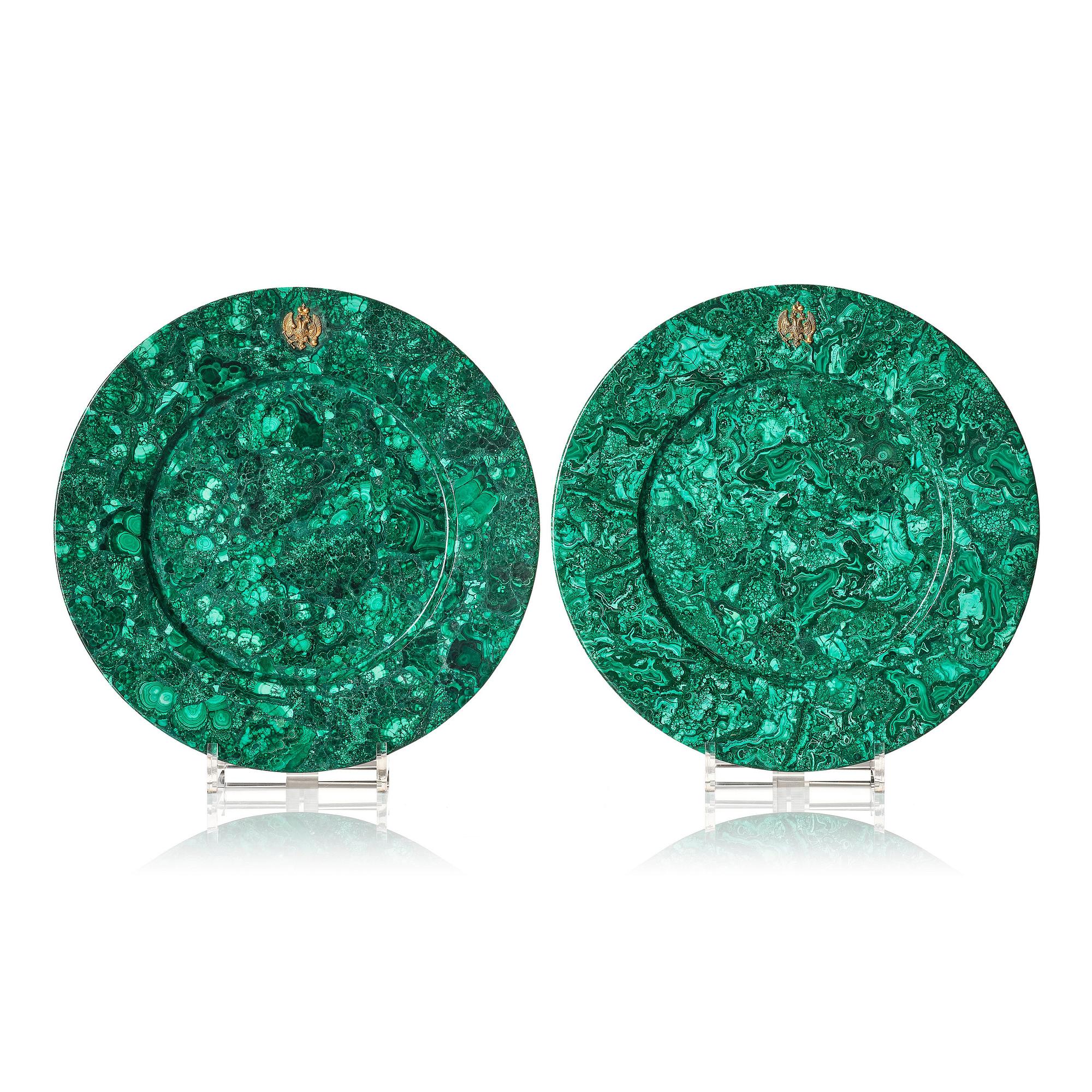 A pair of important Bolin 18K Gold and Gilt Silver Imperial presentation Malachite dishes, C.E. Bolin, St Petersburg, ca.