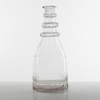 A glass decanter from Reijmyre Glasbruk, 1810s, engraved by Anders Spolander.