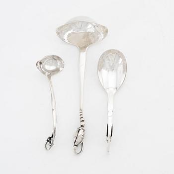 Georg Jensen, three sterling silver spoons, model nr 21 and 84, Denmark.