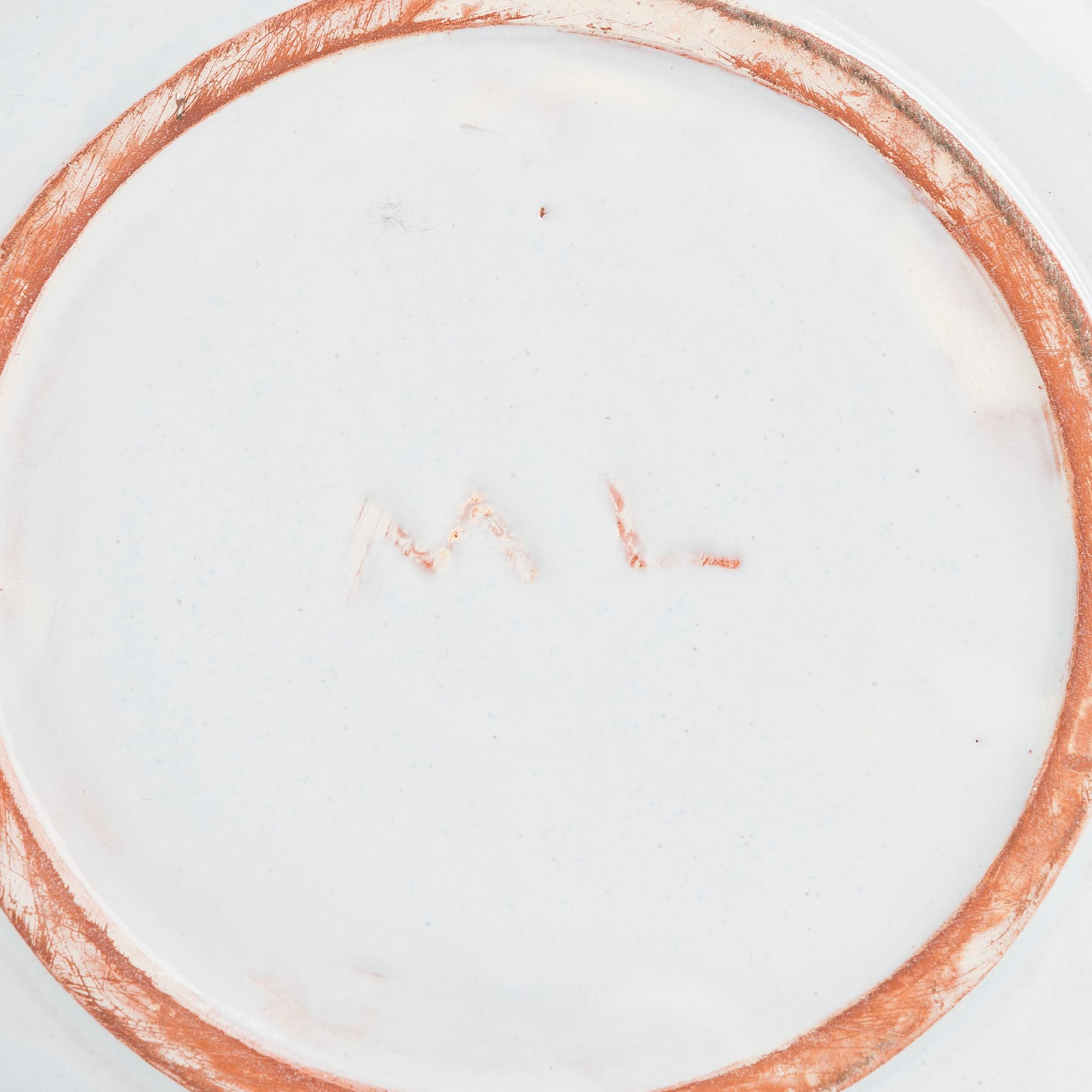 Marita Lybeck, two redclay plates and a dessert bowl, signed ML.