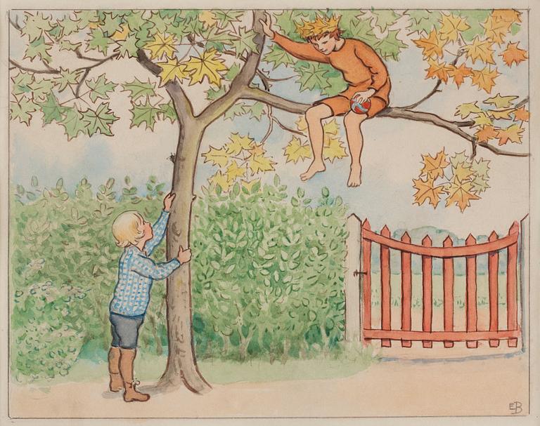 Elsa Beskow, Lasse throwing a ball to Prince September in the maple tree.