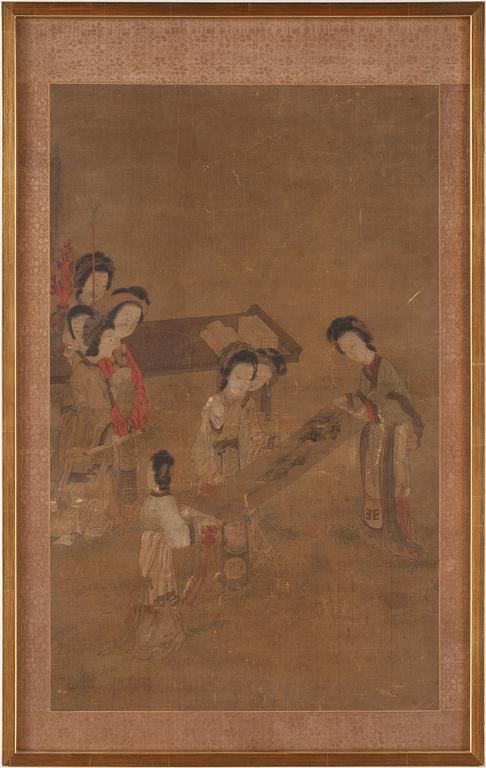 A painting of court-ladies admiring scroll paintings. Qing dynasty, presumably 18th Century.