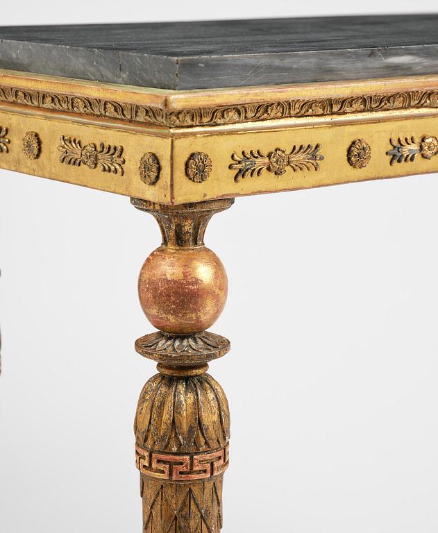 A late Gustavian giltwood console table in the manner of Jonas Frisk, Stockholm, circa 1800.