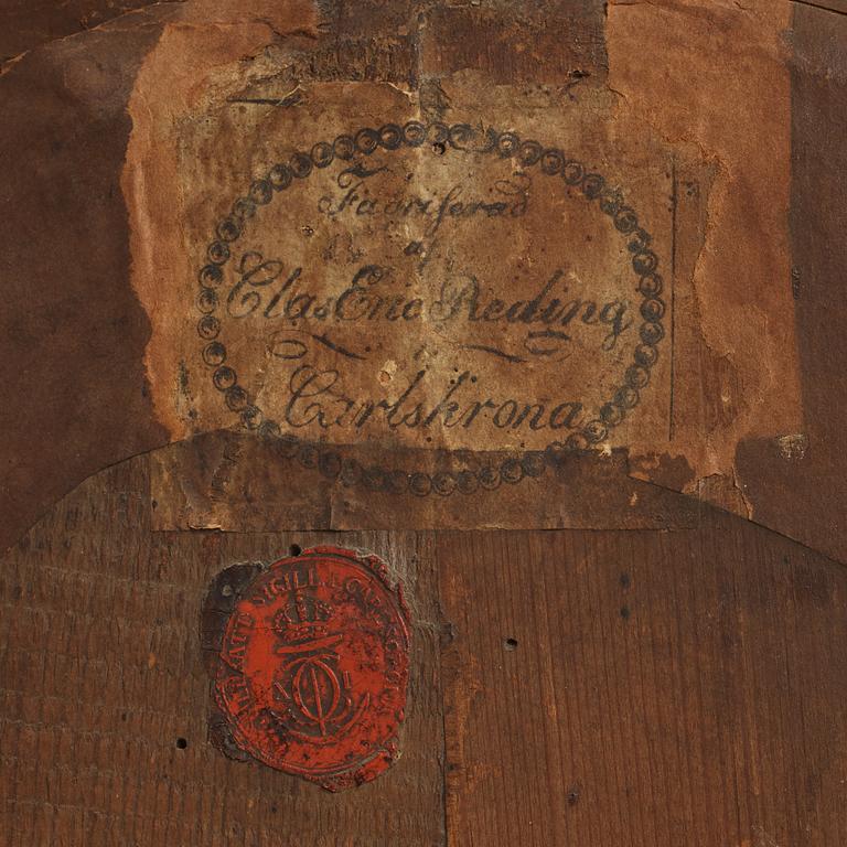 A late gustavian girandole mirror signed by Claes Eric Reding, Karlskrona, (master 1808-1815).