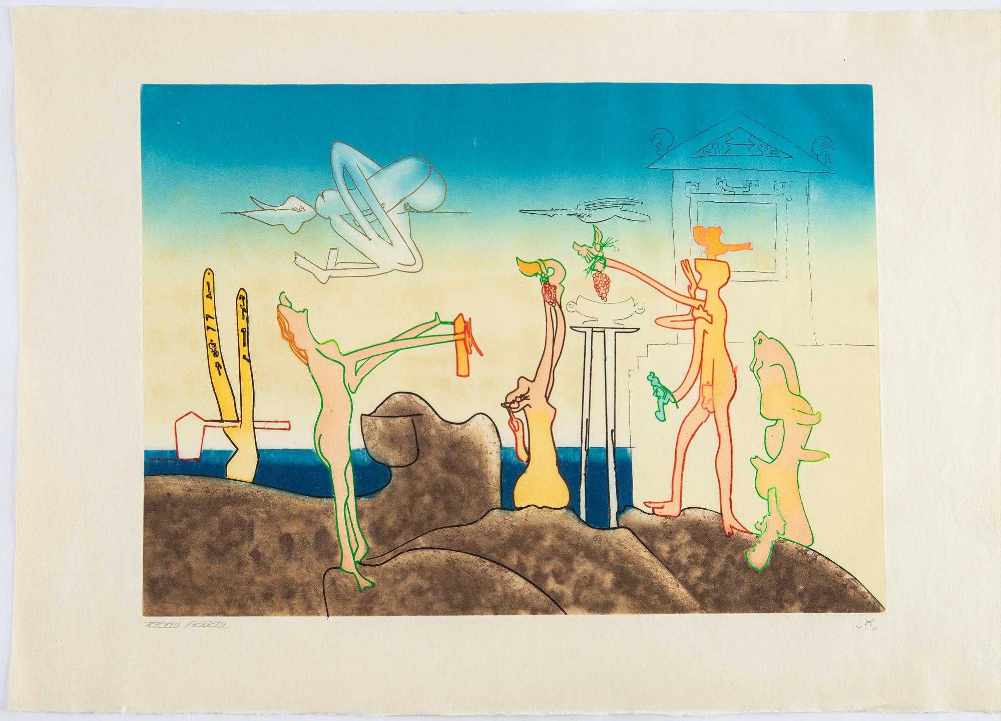 Roberto Matta, portfölj med 9  färgakvatinter (av ursprungligen 10), 1975, samtliga signerade och numr XXIIIV/XXXII.