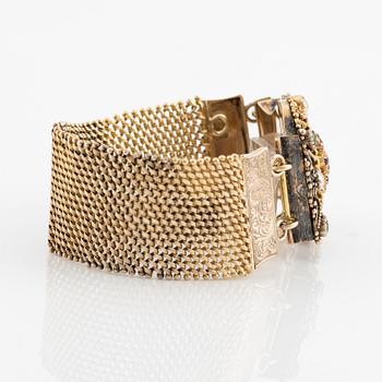 Gold bracelet with pearls, emeralds, and rubies, two loose links included.