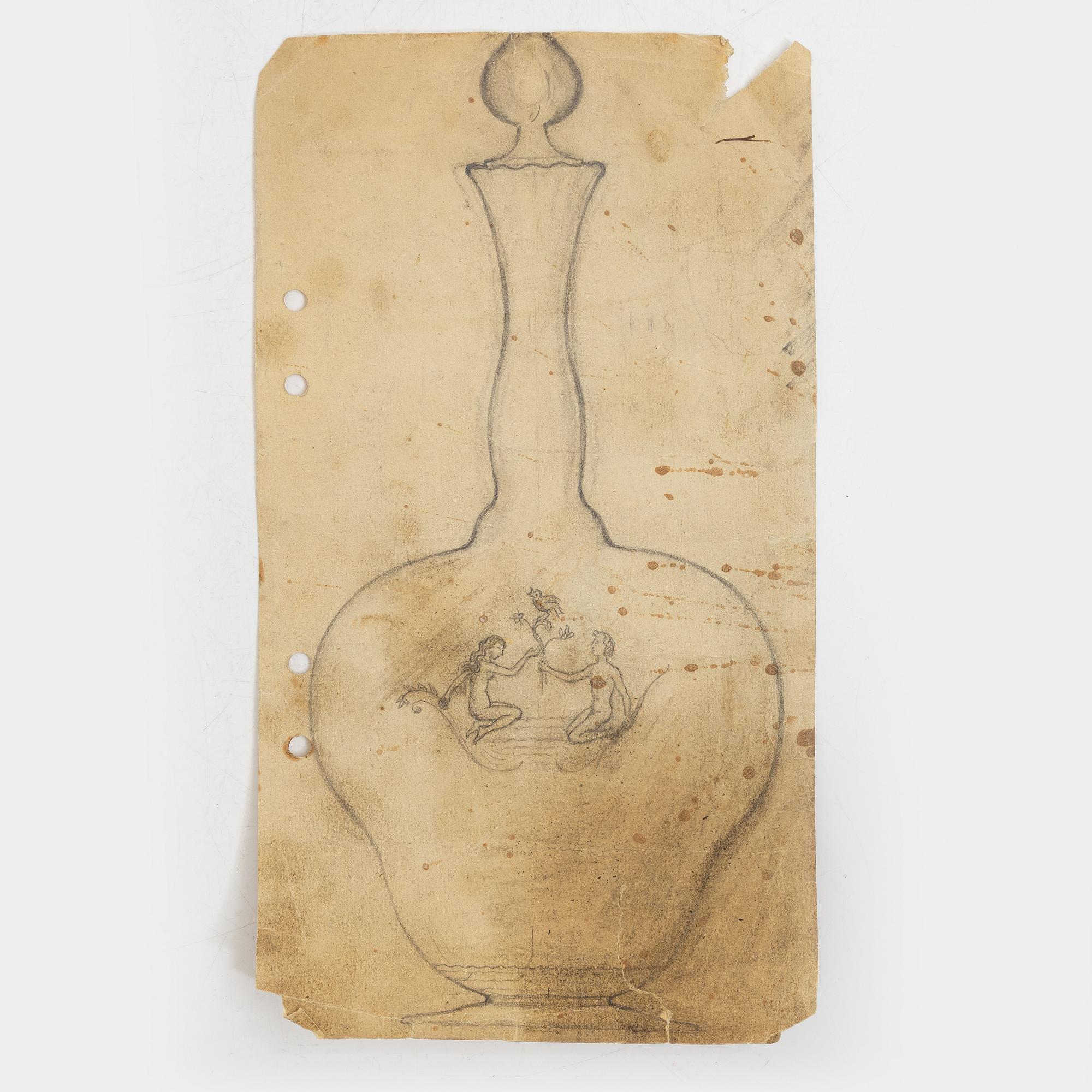 Carl Eldh, original drawings and an engraved glass decanter, Orrefors 1931.