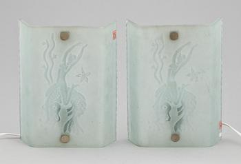 VÄGGLAMPETTER, ett par, glas, Glössner & Co, Stockholm, 1940/50-tal.