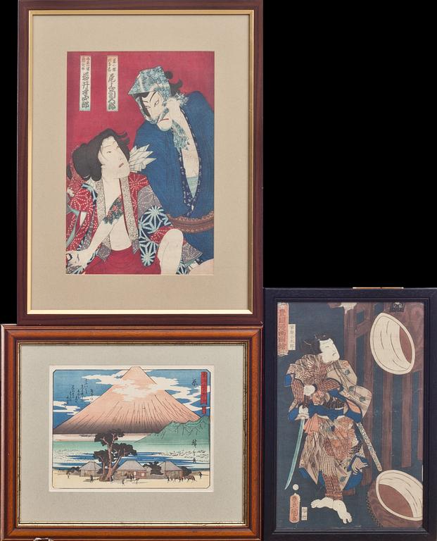 TRÄSNITT, 3 st, Japan, Kunisada och Hiroshige 1800-talets andra hälft.