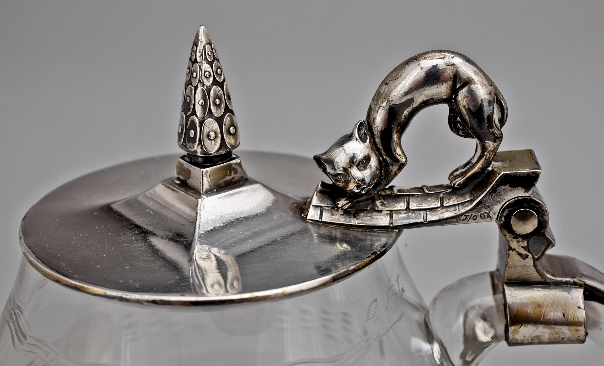 KARFF samt SKÅL, nysilver och glas, jugend, märkt WMF, omkr sekelskiftet 1900.