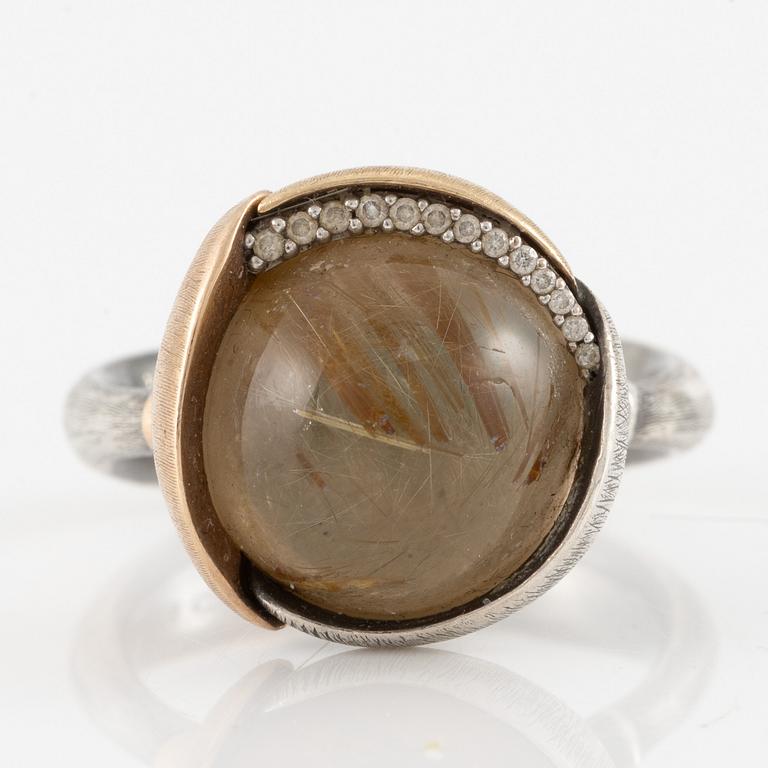 Charlotte Lynggaard, Ole Lyngaard, ring, "Lotus" silver and gilded with rutilated quartz and brilliant-cut diamonds.