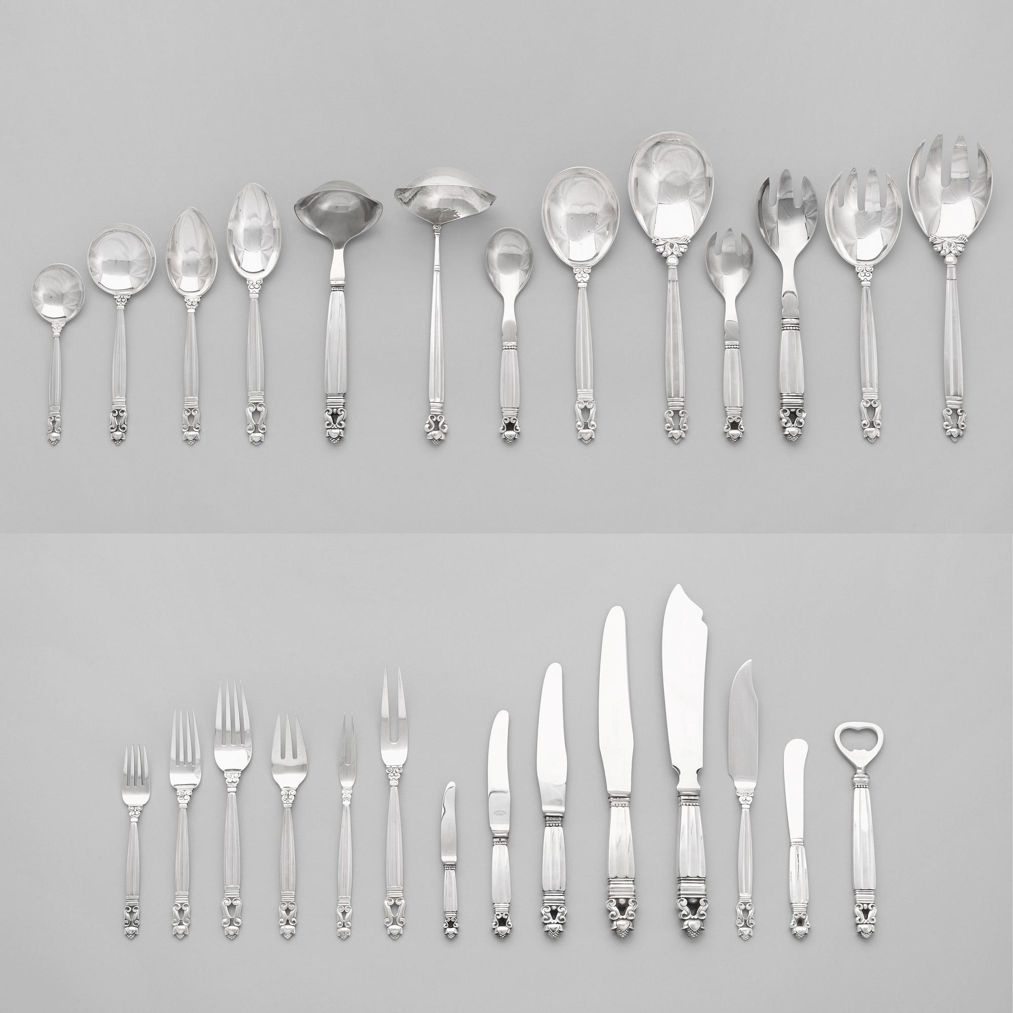 JOHAN ROHDE, bestickuppsättning, 172 delar "Konge/ Acorn", firma Georg Jensen, Jensen & Wendel, 1945-51, sterling.