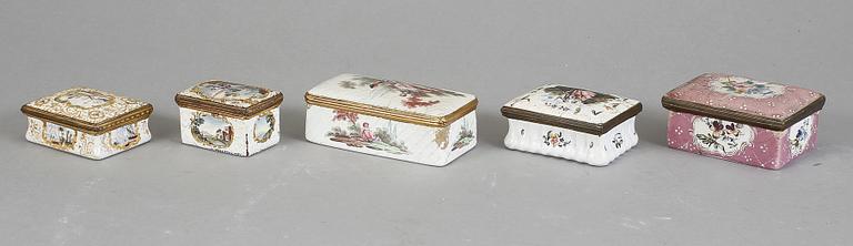 SAMLING DOSOR, 5 stycken, emalj, främst 1700-tal.