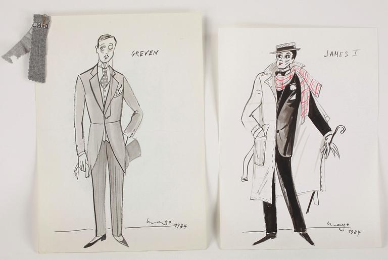 MAX GOLDSTEIN (MAGO), kostymskisser/akvarellteckningar, till bl a "Berns", dat 1964 samt 1956. Ca 80 st, delvis sign.