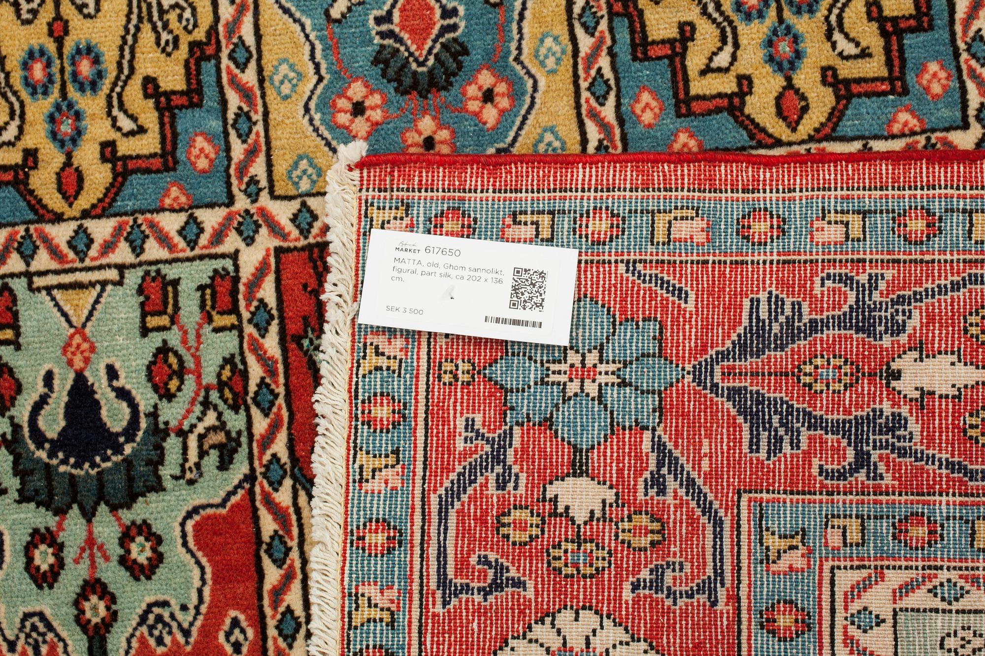 MATTA, old, Ghom sannolikt, figural, part silk, ca 202 x 136 cm.