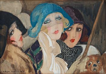 458. Gerda Wegener, Tre kvinnor under ett paraply.