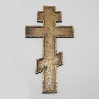 A Russian brass icon crucifix, ca turn of the century 1900.