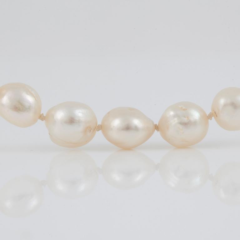 A baroque, probably cultured, pearl necklace.