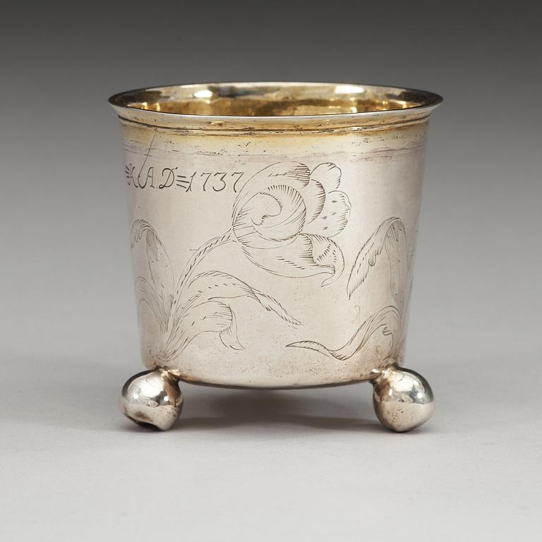 A Swedish 17th century parcel-gilt beaker, makers mark of P. Ingemundsson, Uppsala (1667-1703) and marks of Sthlm 1693.