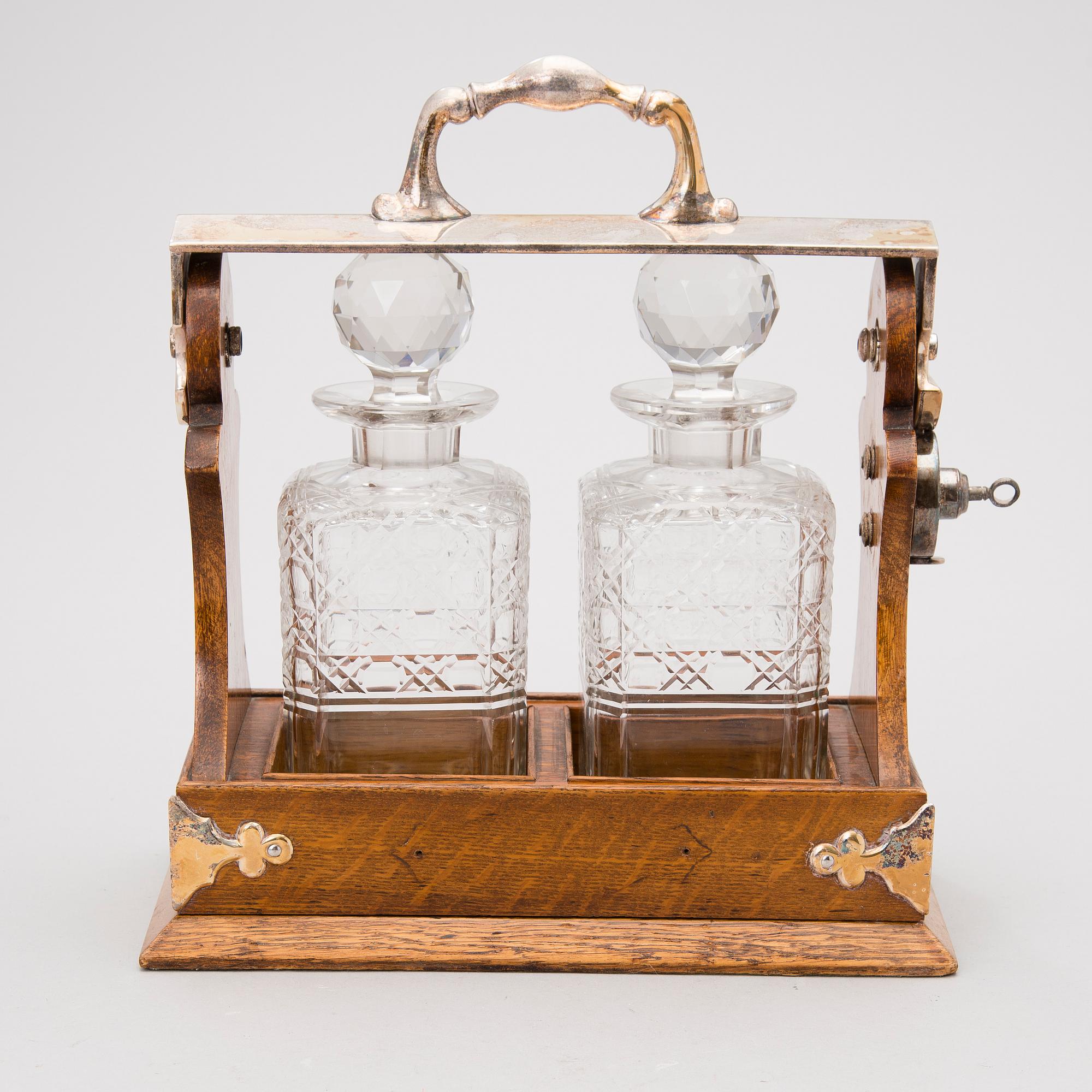 Locking Liquor Decanter Caddy / Two-bottle Tantalus, England 20th Century.