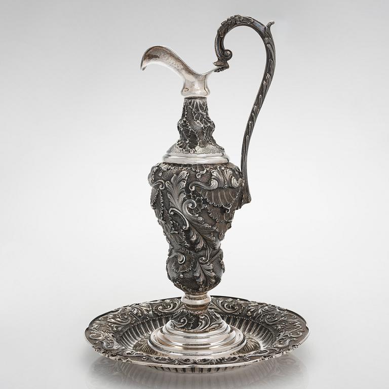 An Italian silver wine ewer with presentation plate. Finnish import marks 1976.