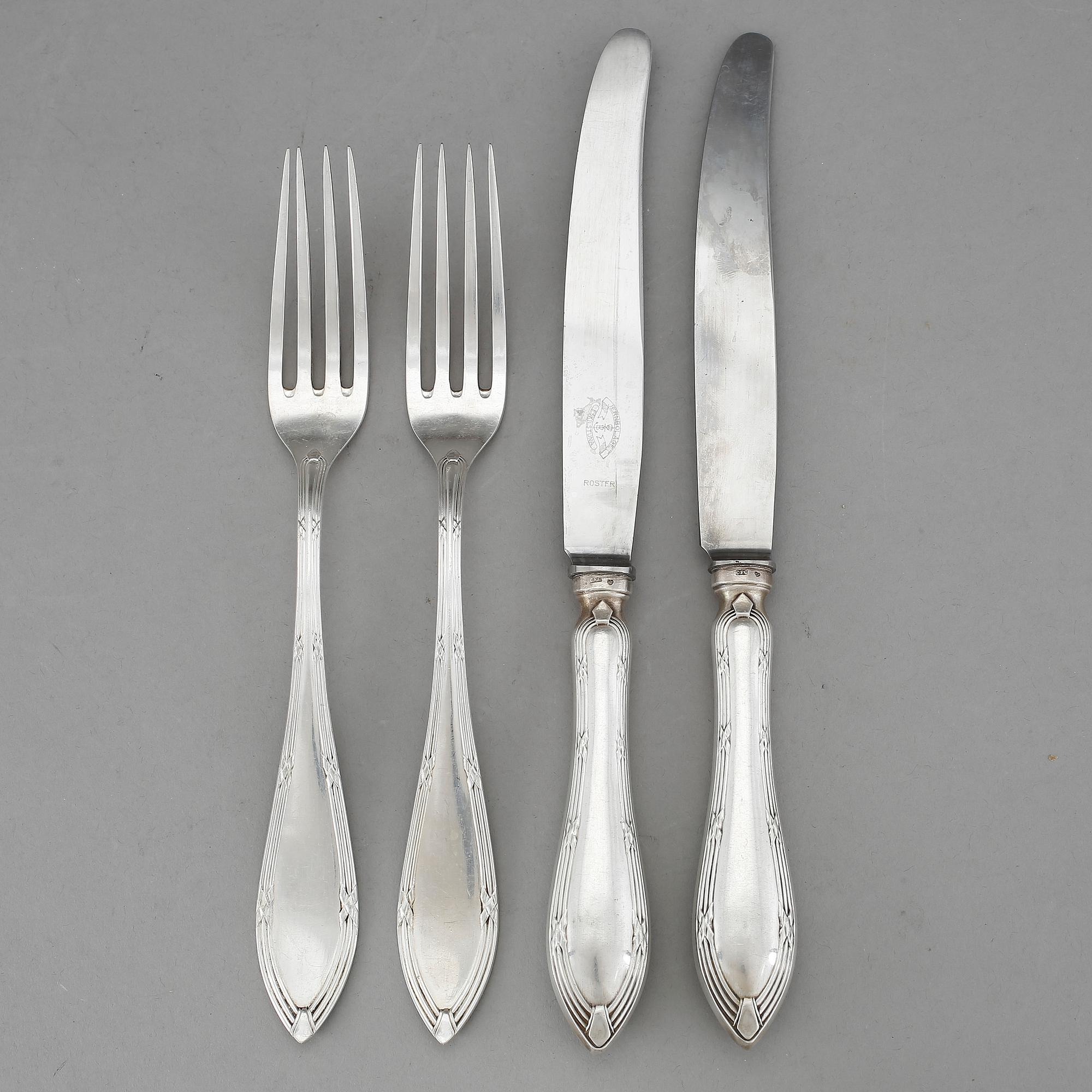 BESTICKSERVIS, 24 delar, silver, modell "Göta", CF Carlman, Stockholm, 1909. Vikt inklusive stålblad 1823 g.