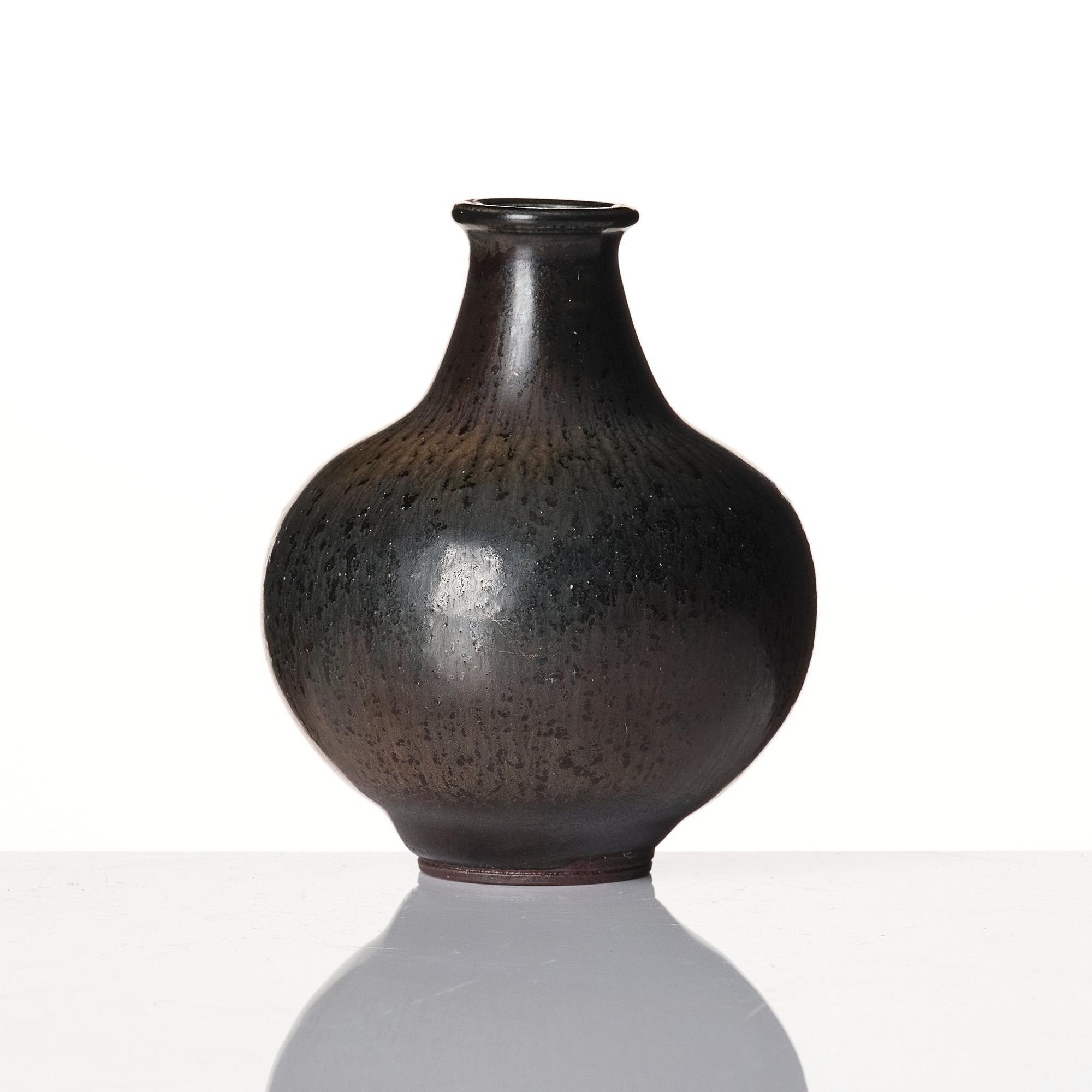 Berndt Friberg, a set of two stoneware vases and a bowl with rabbit's fur glazes, Gustavsberg Studio, Sweden, dated 1944-45, 1956, 1958.