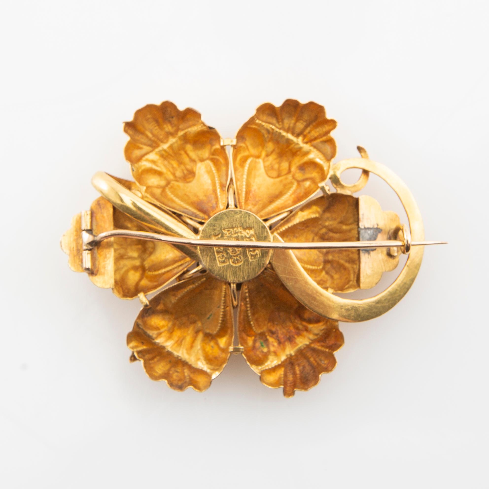 Giron & Löngren, Brooch 18K gold with rose-cut diamonds, cabochon-cut turquoise, and an opal, Stockholm 1832.