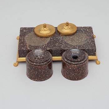 A Swedish Empire-style circa 1900 porphyry desk set.