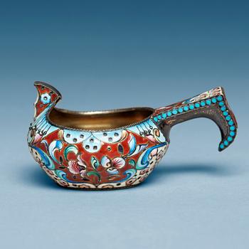 763. A Russian 20th century silver-gilt and enamel kovsh, unidentified makers mark, Moscow 1908-1917.