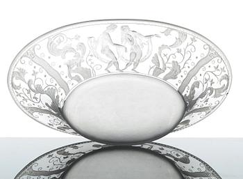 Simon Gate, an engraved glass bowl and stand, Orrefors, Sweden  1924, model 147.