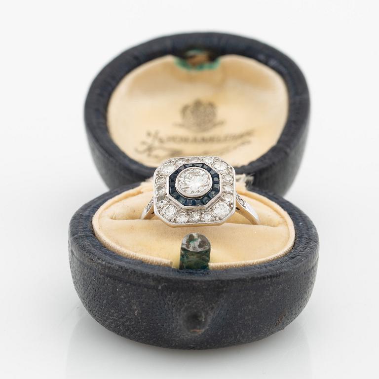 Ring of platinum with diamonds and faceted sapphires, Art Deco, K Anderson Stockholm 1938.
