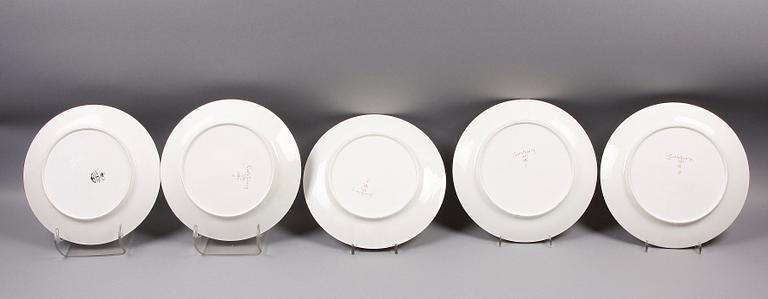 TALLRIKAR, 5 st, porslin, Gunnar Wennerberg, Gustafsberg, bla 1896.