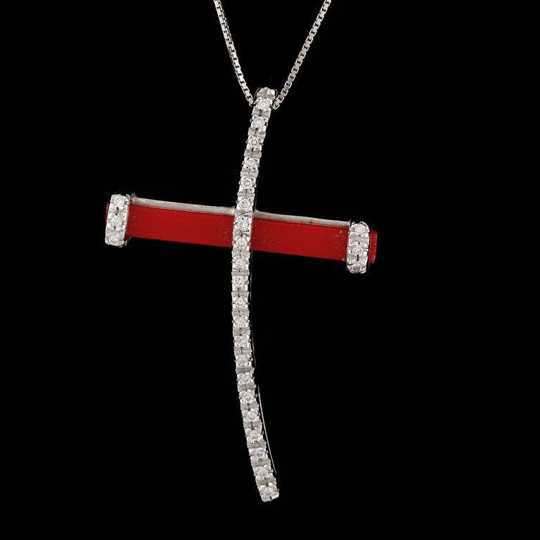 HALSSMYCKE, 18k vitguld med briljantslipade diamanter tot ca 0,13ct och korall, Italien, 2000-tal. Vikt 5,1g.