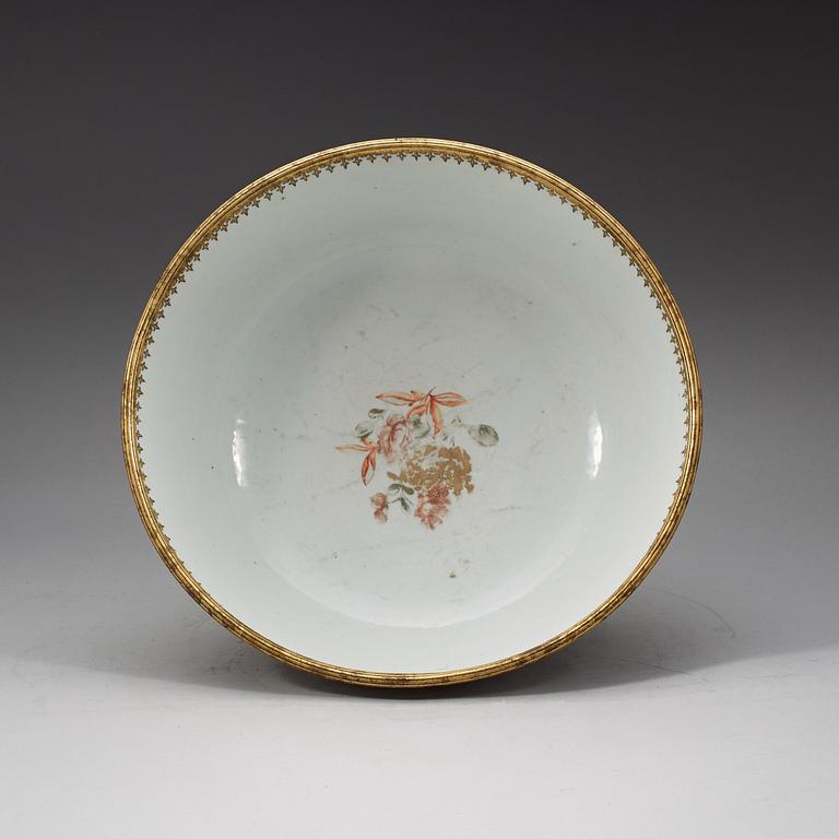 A famille rose bronze mounted punch bowl, Qing dynasty, Qianlong (1736-95).