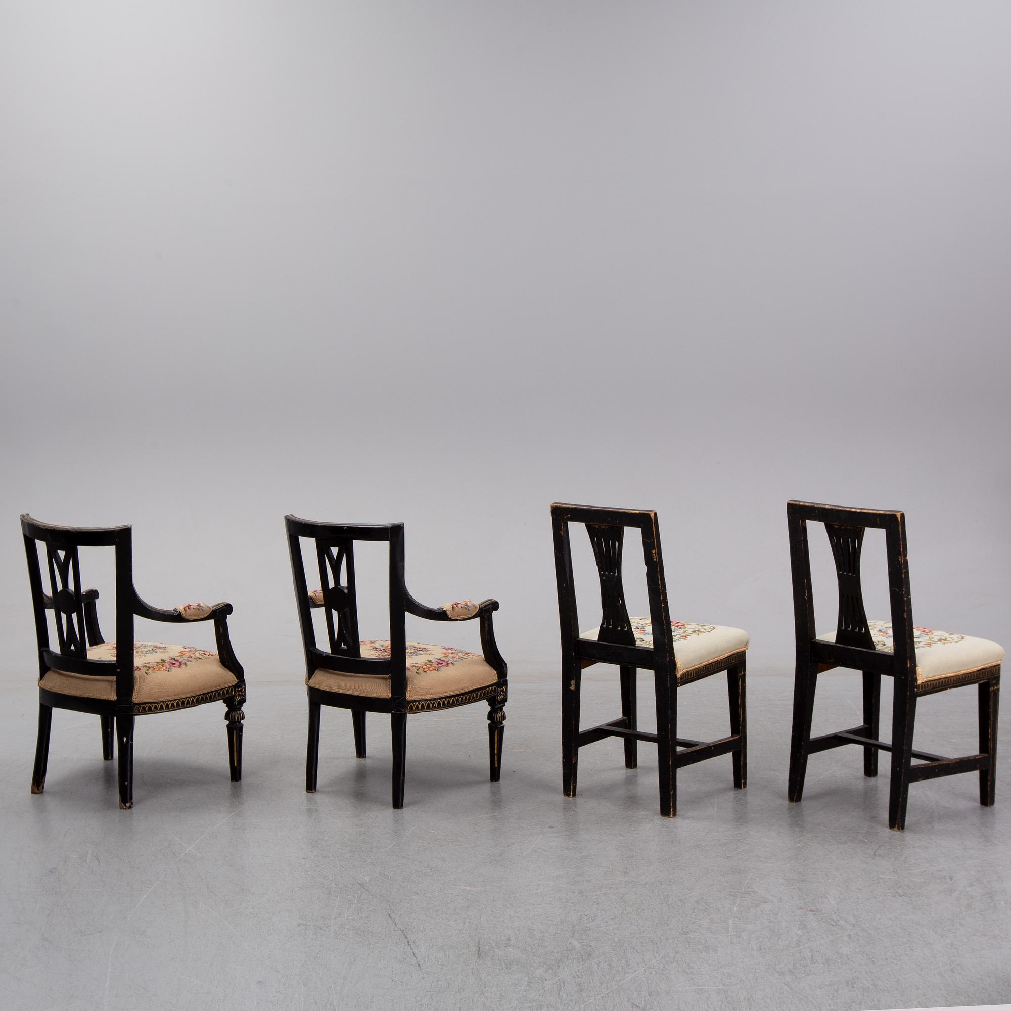 A pair of gustavian armchairs and a pair of gustavian chairs, ca 1800.