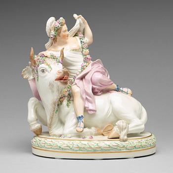 A Royal Copenhagen allegorical porcelain figure representing 'Europe and the Bull'. Denmark, 1920.