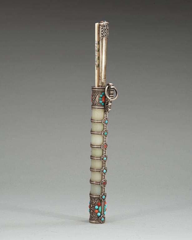 A silvered pewter case with a knife and ivory chopsticks, late Qing dynasty.