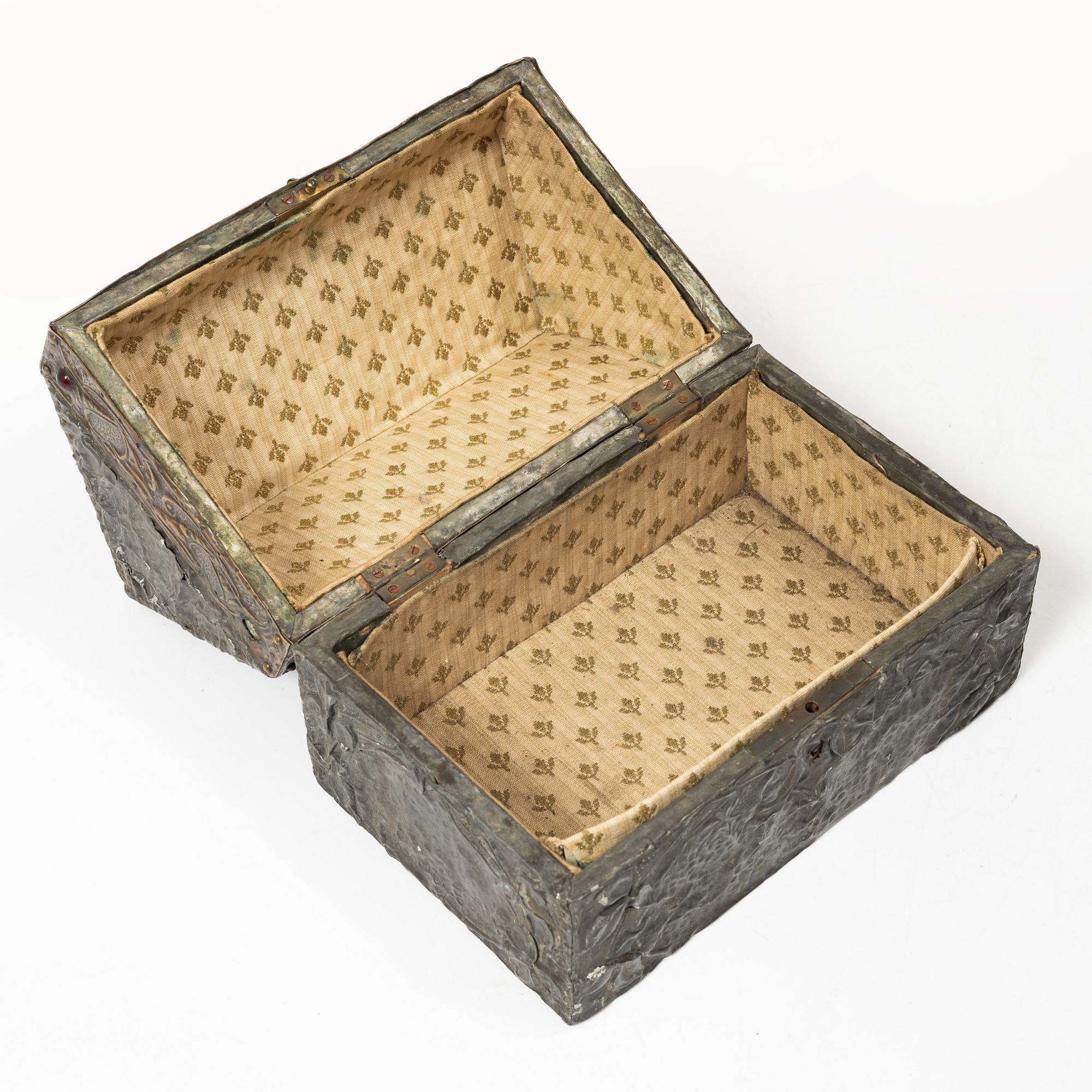 A pewter and copper jewellery box,  with inlaid stones, France, probably circa 1900.