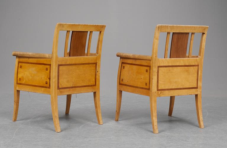A pair of Ragnar Östberg birch armchairs with inlays, designed for Villa Mullberget, Sweden ca 1907.
