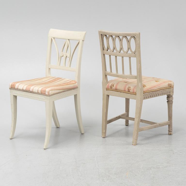 Six Gustavian chairs, different models, from Lindome, Sweden, around 1800.