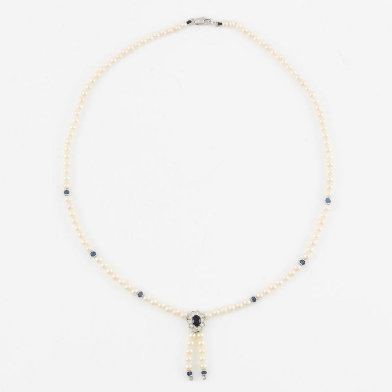 Necklace, 18K white gold with cultured pearls, sapphires, and brilliant-cut diamonds.