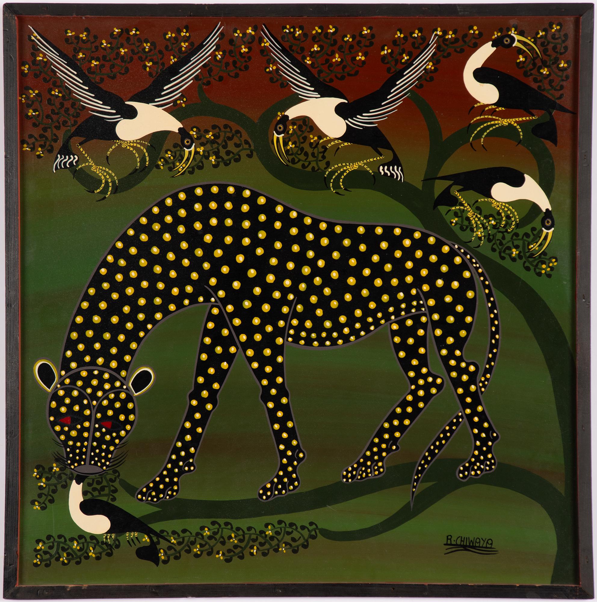 Rajabu Chiwaya, Leopard and Birds, style Tinga painting.