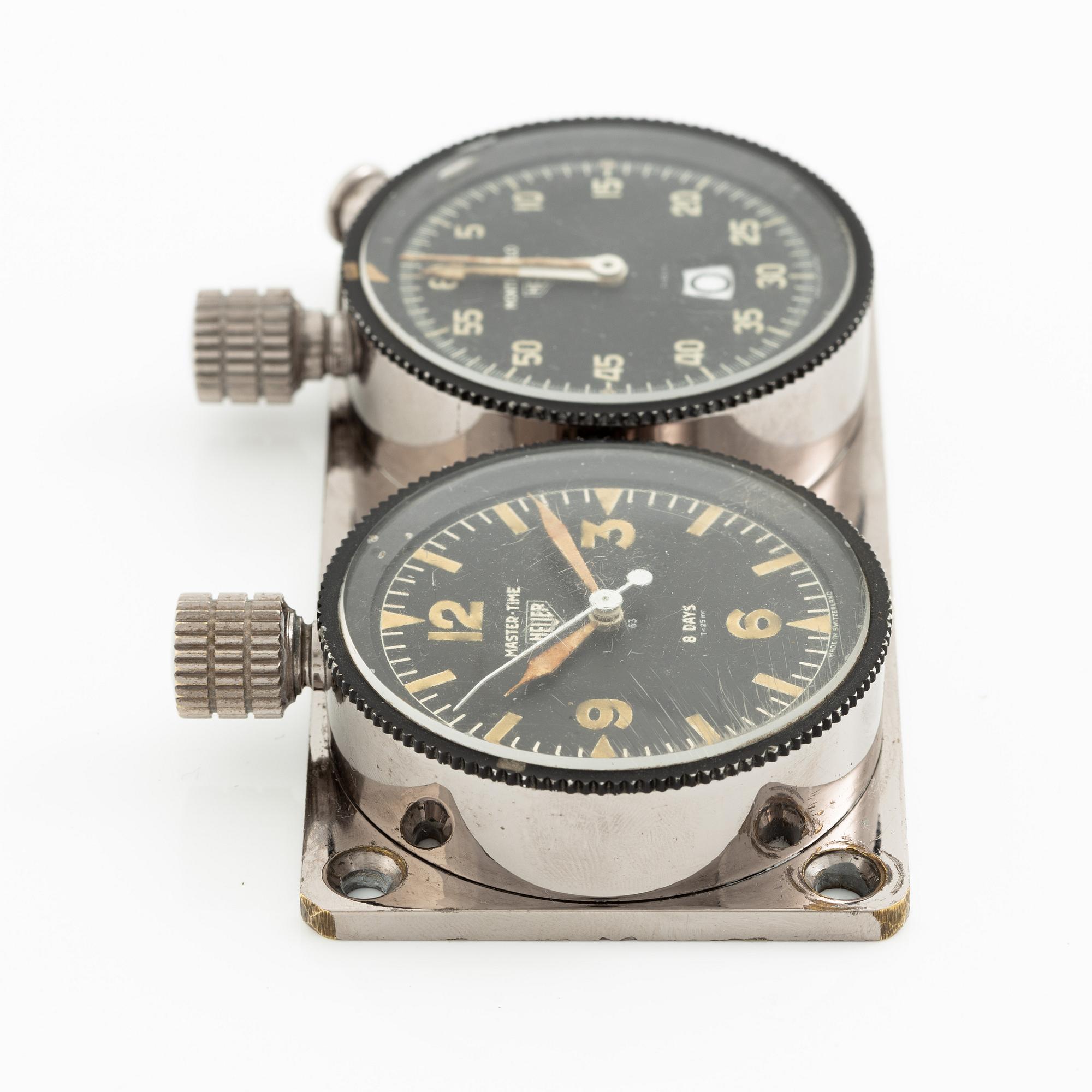 Heuer, Master-Time 8-Days and Monte-Carlo stopwatch, 6 x 11 cm.