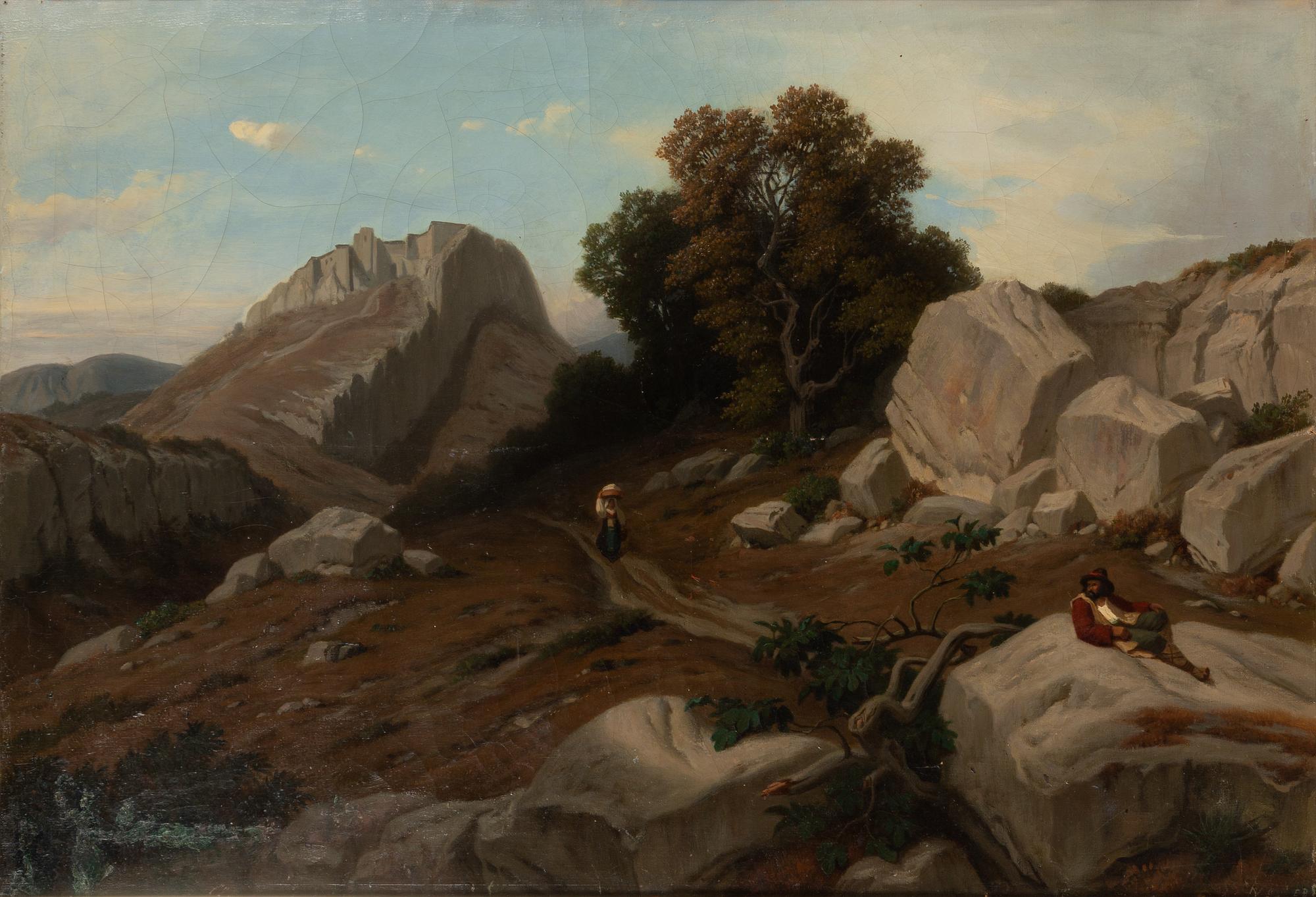 Édouard Bertin, attributed to, Mountain landscape with shepherd and wandering woman.