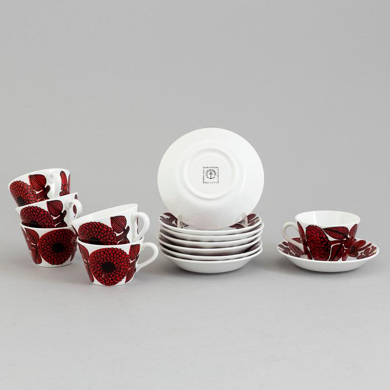 STIG LINDBERG, six bone china 'Röd Aster' coffee cups and saucers from Gustavsberg.