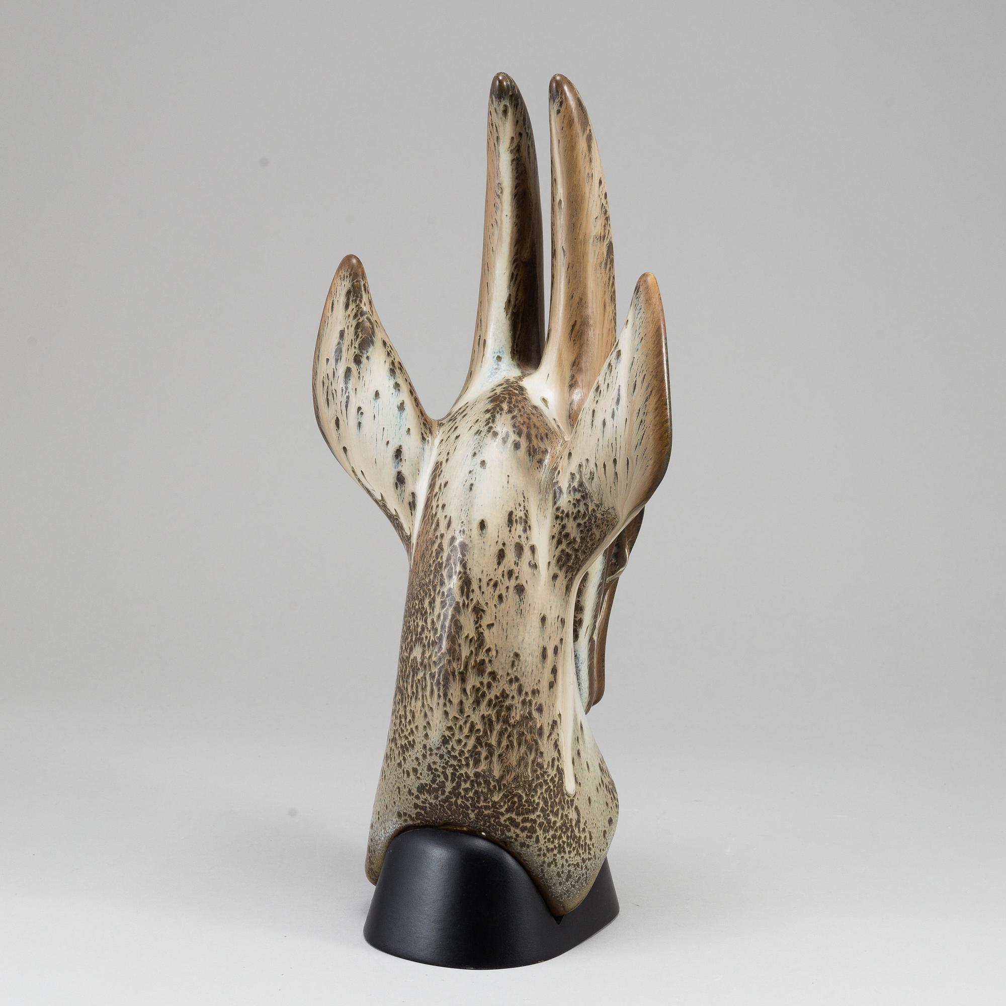 GUNNAR NYLUND, skulptur, gasellhuvud, Rörstrand, unik.